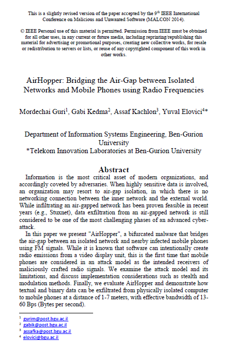 AirHopper Bridging the Air-Gap between Isolated Networks and Mobile Phones using Radio Frequencies